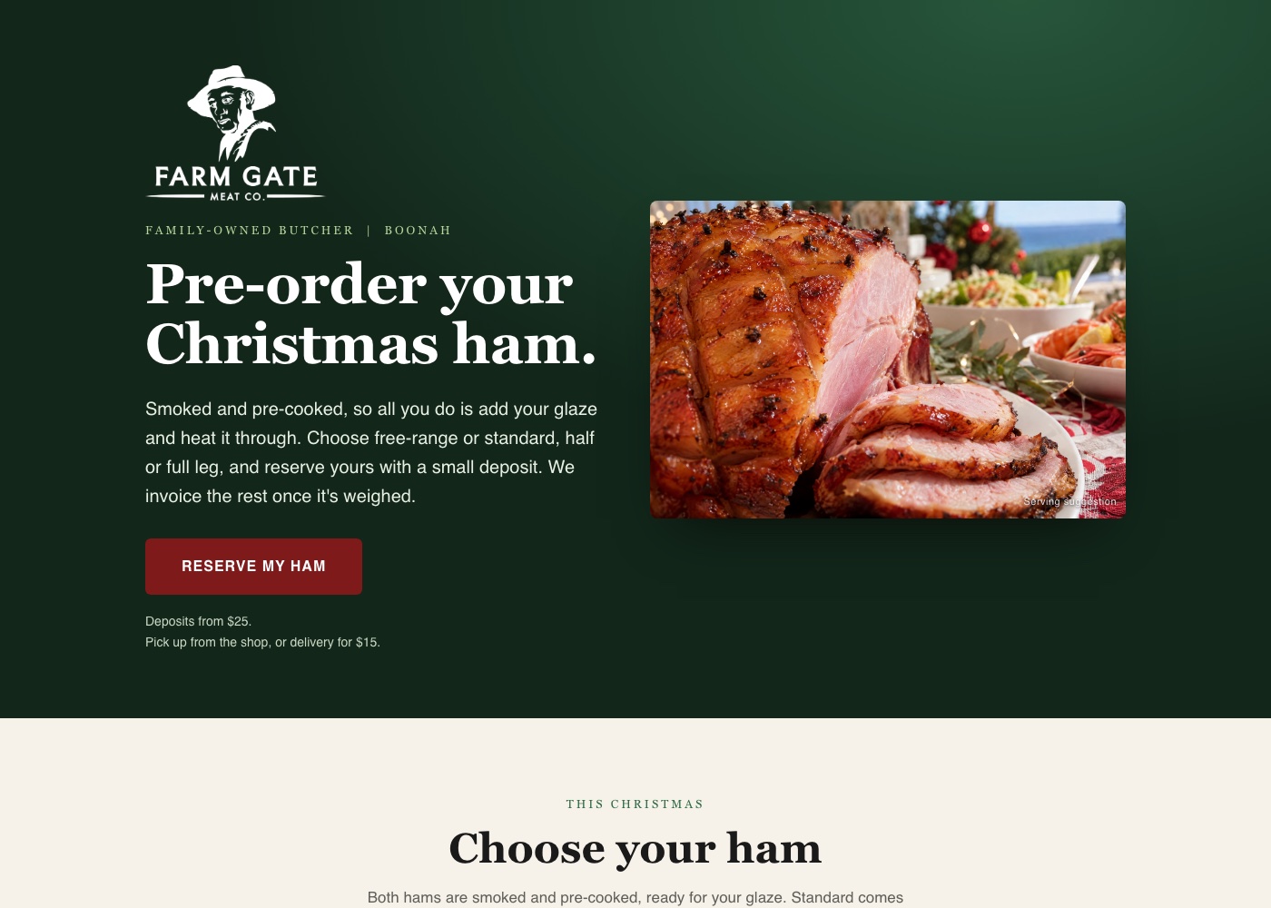 The Christmas ham pre-order page Julia Mann built in GoHighLevel for Farm Gate Meat Co., a butcher in Boonah, Queensland