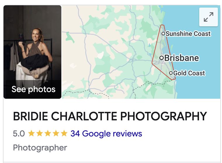 The Google listing for Bridie Charlotte Photography in Brisbane, showing a 5.0 rating from 34 Google reviews