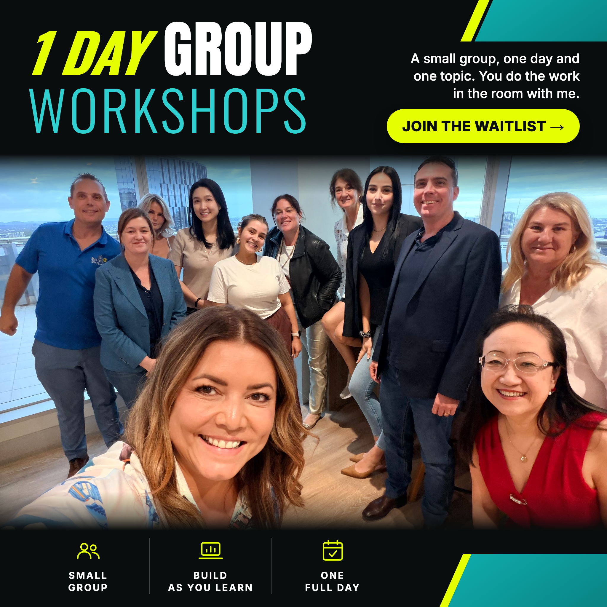 1 Day Group Workshops: a small group, one day and one topic, doing the work in the room with Julia