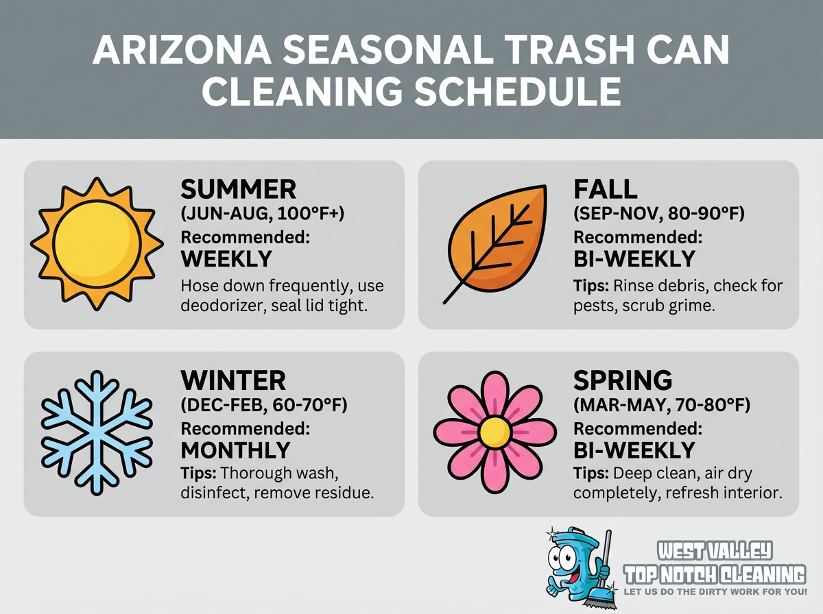 arizona seasonal trash can cleaning schedule. showing the 4 seasons, summer, fall, spring and winter. describing in each season tips on how to keep trash cans clean. arizona seasonal trash can cleaning schedule. showing the 4 seasons, summer, fall, spring and winter. describing in each season tips on how to keep trash cans clean.