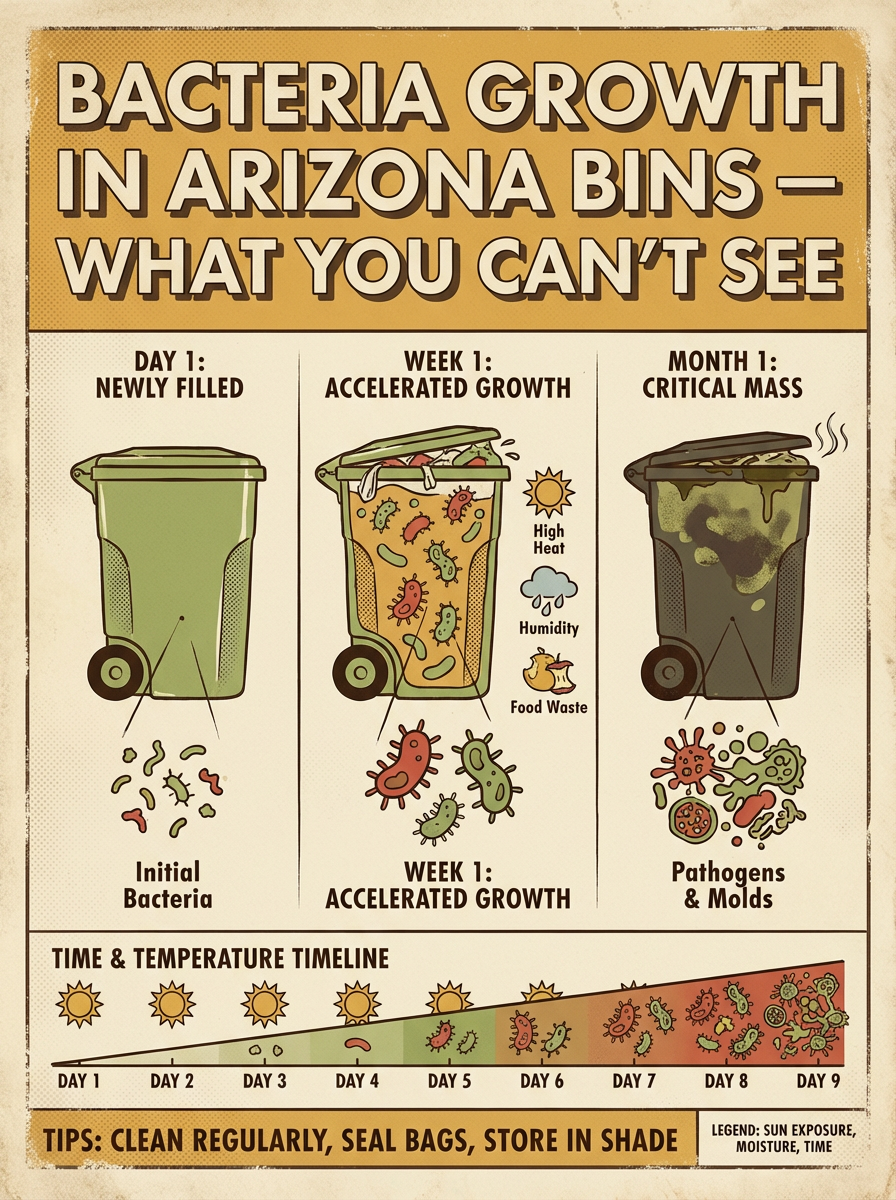 This infographic illustrates the unseen bacteria growth inside Arizona trash bins over time. It shows the progression from a newly filled bin on Day 1 with initial bacteria, to accelerated bacterial growth after a week due to heat, humidity, and food waste, and finally to the critical mass of pathogens and molds after a month. The timeline at the bottom depicts how bacteria multiply each day under certain temperature and sunlight exposure, emphasizing the importance of regular cleaning, sealing, and storing bins in shade to prevent health risks.