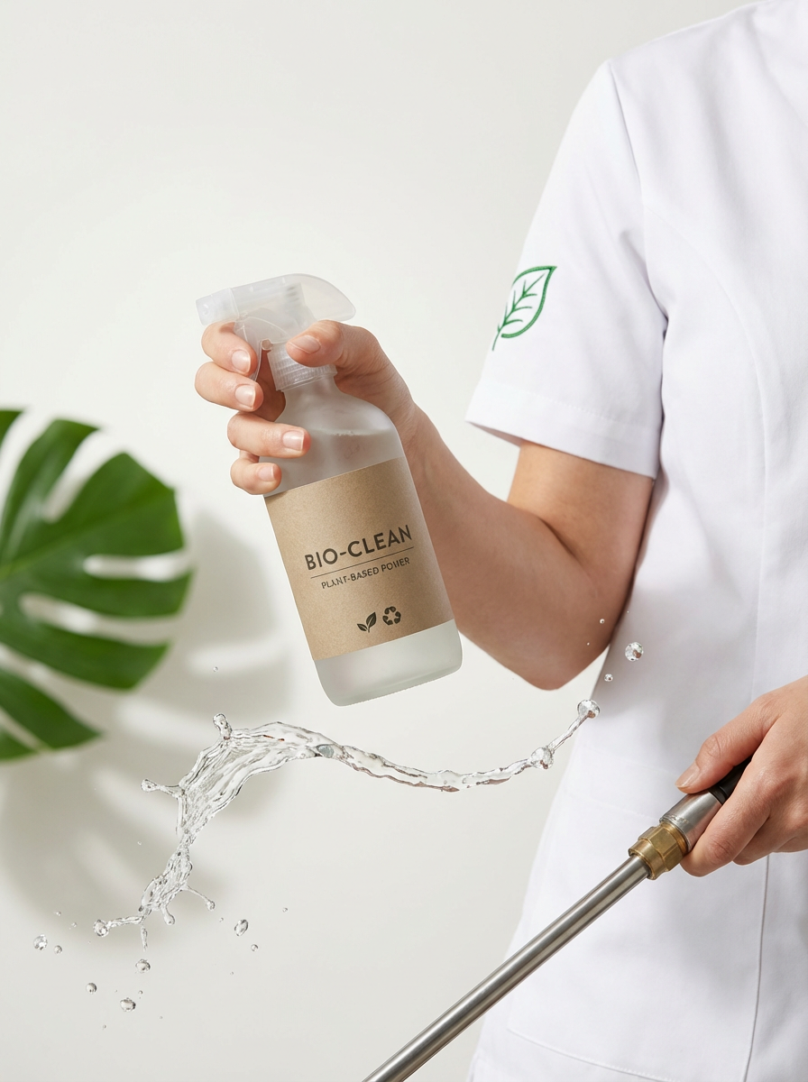 Close-up of a technician in a branded uniform operating a high-pressure bin cleaning system, with a focus on the eco-friendly and biodegradable cleaning product label displayed prominently on the equipment or bottle.