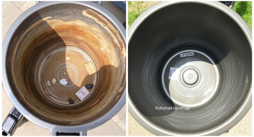 A split-image showing the inside of an outside trash can: one side depicts a dirty, grimy, and stained interior, while the other side shows a sparkling clean, sanitized, and odor-free trash can interior.