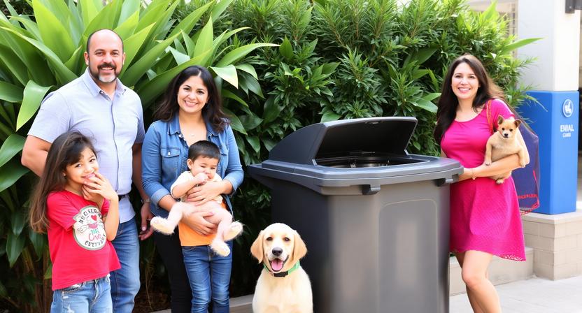 A happy family with kids and pets standing next to a clean trash bin surrounded by green plants, all smiling and enjoying a tidy outdoor space.              A happy family with kids and pets standing next to a clean trash bin surrounded by green plants, all smiling and enjoying a tidy outdoor space.         