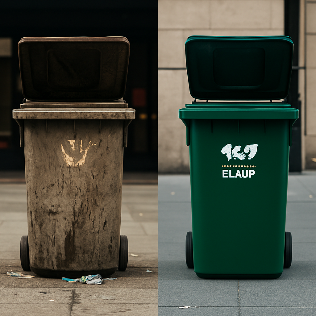 An image showing a dirty, neglected trash bin on the left, and a freshly cleaned, green trash bin with the text "ELAUP" on the right, highlighting the before-and-after transformation.