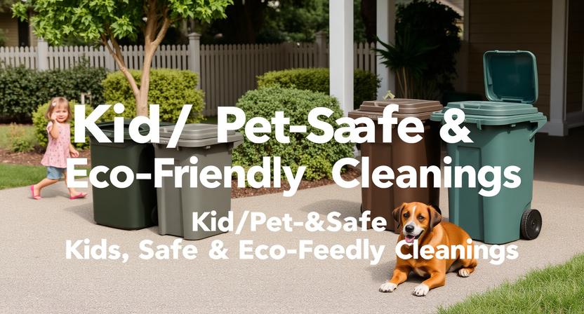 A tidy driveway with clean trash bins, featuring a kid and a pet playing happily nearby, with overlay text highlighting "Kid/Pet-Safe" cleaning.
