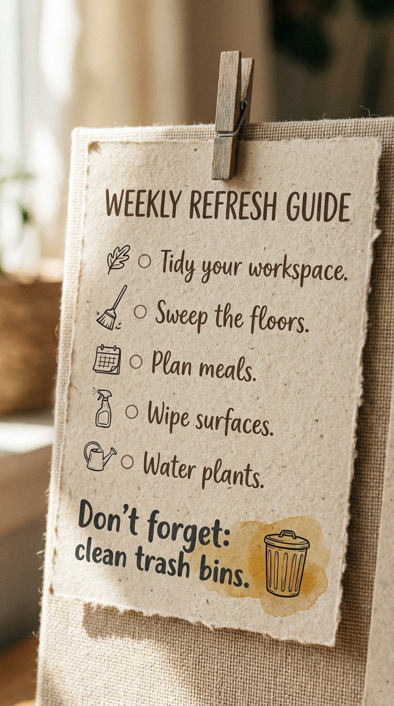 A textured, beige-colored weekly refresh guide printed on torn paper, hanging on a cloth-covered board with a clothespin. The guide includes tips such as tidying the workspace, sweeping floors, planning meals, wiping surfaces, watering plants, and a reminder to clean trash bins, accompanied by small illustrative icons for each tip.