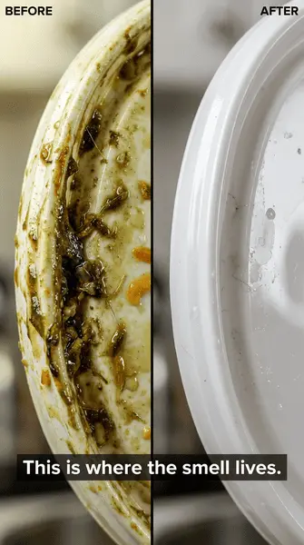 A close-up before/after of a bin lid and rim (the grossest area) with a caption like “This is where the smell lives.”
