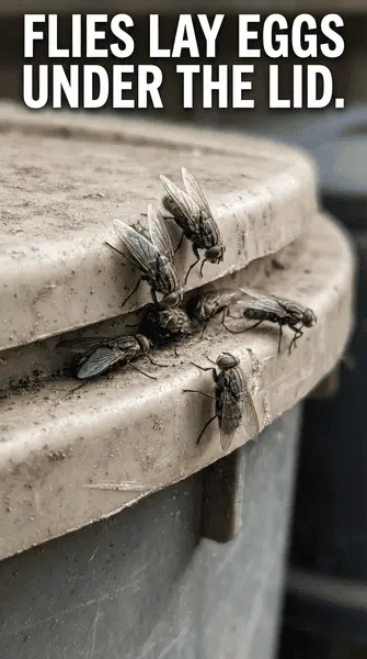 A macro close-up photo of flies around a bin rim (educational, not too graphic) with a bold overlay: “Flies lay eggs under the lid.” A macro close-up photo of flies around a bin rim (educational, not too graphic) with a bold overlay: “Flies lay eggs under the lid.”