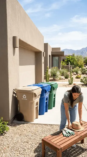 A lifestyle photo: clean bins lined up neatly beside a garage in a West Valley-style home exterior (bright, desert landscaping).