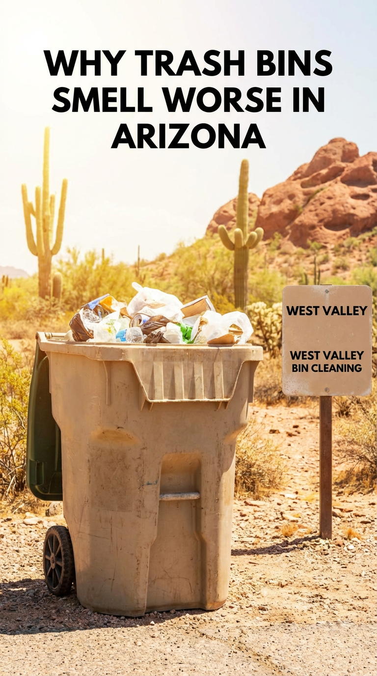 An overflowing trash bin filled with garbage is placed in a desert landscape with cacti and rocky hills in the background. A sign next to the bin reads "WEST VALLEY" and "WEST VALLEY BIN CLEANING." The image features bold text at the top that says, "WHY TRASH BINS SMELL WORSE IN ARIZONA."              An overflowing trash bin filled with garbage is placed in a desert landscape with cacti and rocky hills in the background. A sign next to the bin reads "WEST VALLEY" and "WEST VALLEY BIN CLEANING." The image features bold text at the top that says, "WHY TRASH BINS SMELL WORSE IN ARIZONA."         
