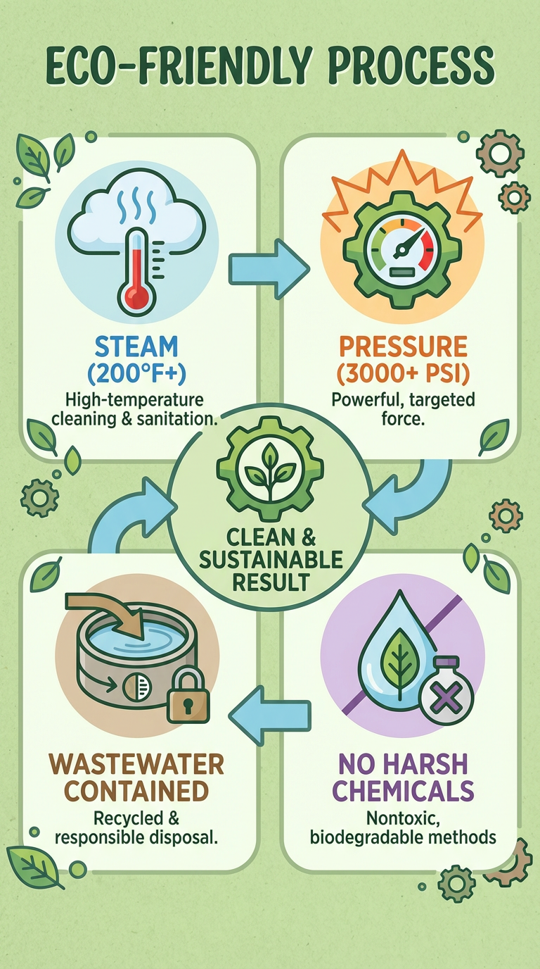 Alt text: An infographic titled "Eco-Friendly Process" with four sections connected by arrows, illustrating a sustainable cleaning method. The top left section shows a cloud with steam and a thermometer, labeled "Steam (200°F+) - High-temperature cleaning & sanitation." The top right section shows a gauge with pressure markings, labeled "Pressure (3000+ PSI) - Powerful, targeted force." The bottom left section depicts a recycling symbol with a lock, labeled "Wastewater Contained - Recycled & responsible disposal." The bottom right section shows a leaf and a test tube with a cross, labeled "No Harsh Chemicals - Nontoxic, biodegradable methods." In the center, a gear with leaves reads "Clean & Sustainable Result." The background is light green with small decorative leaves and gears.
