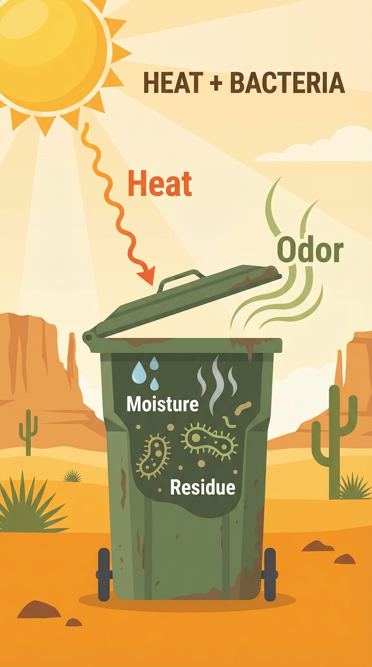 An illustration of a trash bin in a desert landscape with cacti and mountains in the background. The lid of the bin is open, releasing green odor lines labeled "Odor." The bin contains dark, dirty contents labeled "Residue" and "Moisture," with bacteria icons inside. Sun rays and the sun are depicted at the top, with the words "Heat + Bacteria" indicating that heat causes odors by affecting the residue and moisture inside the bin.