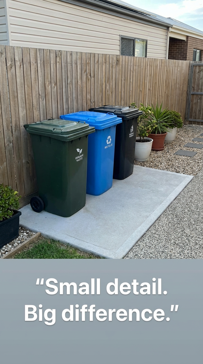 Three trash bins (green, blue, and black) are lined up against a wooden fence on a concrete pad outside a house. The bins are labeled for organic waste, recyclables, and general waste. There are potted plants nearby and a gravel pathway with stepping stones. The house has beige siding and a window with a security screen.