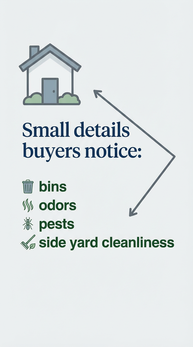 An infographic with a simple house illustration at the top left and a large arrow pointing right. Below, the text reads "Small details buyers notice:" in bold. Underneath, there are four bullet points, each with an icon: a trash can labeled "bins," wavy lines labeled "odors," a pest insect labeled "pests," and a broom with a leaf labeled "side yard cleanliness." An infographic with a simple house illustration at the top left and a large arrow pointing right. Below, the text reads "Small details buyers notice:" in bold. Underneath, there are four bullet points, each with an icon: a trash can labeled "bins," wavy lines labeled "odors," a pest insect labeled "pests," and a broom with a leaf labeled "side yard cleanliness."