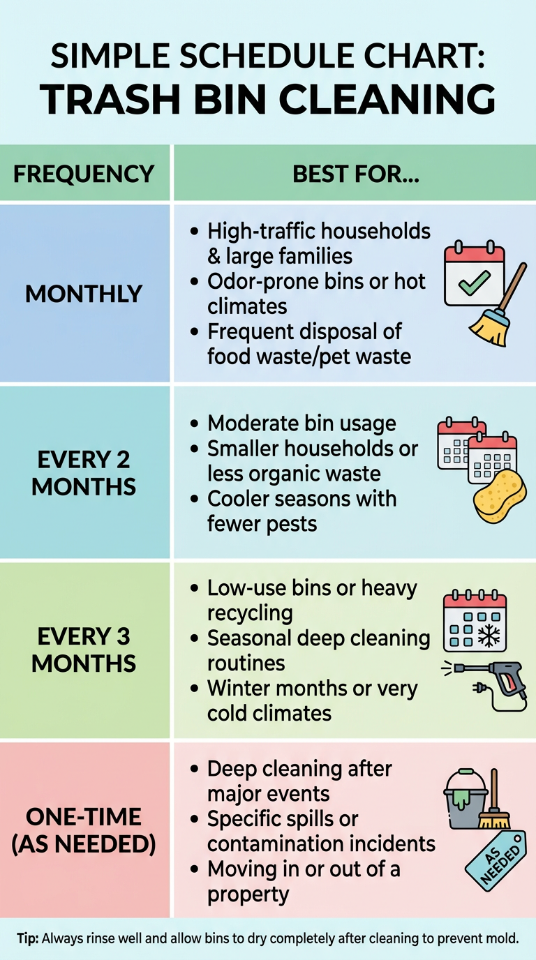A colorful infographic titled "Simple Schedule Chart: Trash Bin Cleaning" with four sections outlining different cleaning frequencies and their uses. The sections are labeled "Monthly," "Every 2 Months," "Every 3 Months," and "One-Time (As Needed)." Each section contains bullet points with tips and icons representing cleaning tools, calendars, and conditions for each schedule. The background features a light gradient with pastel colors, and the tips at the bottom advise rinsing bins and letting them dry completely after cleaning. A colorful infographic titled "Simple Schedule Chart: Trash Bin Cleaning" with four sections outlining different cleaning frequencies and their uses. The sections are labeled "Monthly," "Every 2 Months," "Every 3 Months," and "One-Time (As Needed)." Each section contains bullet points with tips and icons representing cleaning tools, calendars, and conditions for each schedule. The background features a light gradient with pastel colors, and the tips at the bottom advise rinsing bins and letting them dry completely after cleaning.