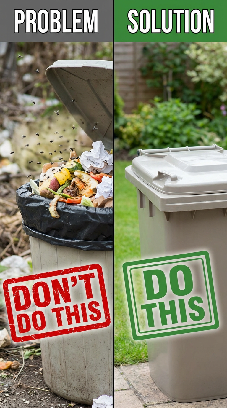 A side-by-side comparison image showing a trash can. The left side, labeled "PROBLEM," features a dirty, overflowing trash can with crumpled paper and food waste, and a red stamp that reads "DON'T DO THIS." The right side, labeled "SOLUTION," shows a clean, empty trash can with a green stamp that reads "DO THIS," set in a tidy backyard with greenery in the background.