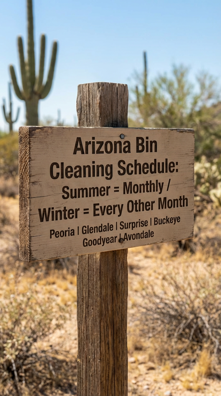 A wooden signpost in a desert landscape with cacti and dry shrubs. The sign reads: "Arizona Bin Cleaning Schedule: Summer = Monthly / Winter = Every Other Month. Peoria | Glendale | Surprise | Buckeye | Goodyear | Avondale." The background shows a clear blue sky and sparse desert vegetation. A wooden signpost in a desert landscape with cacti and dry shrubs. The sign reads: "Arizona Bin Cleaning Schedule: Summer = Monthly / Winter = Every Other Month. Peoria | Glendale | Surprise | Buckeye | Goodyear | Avondale." The background shows a clear blue sky and sparse desert vegetation.