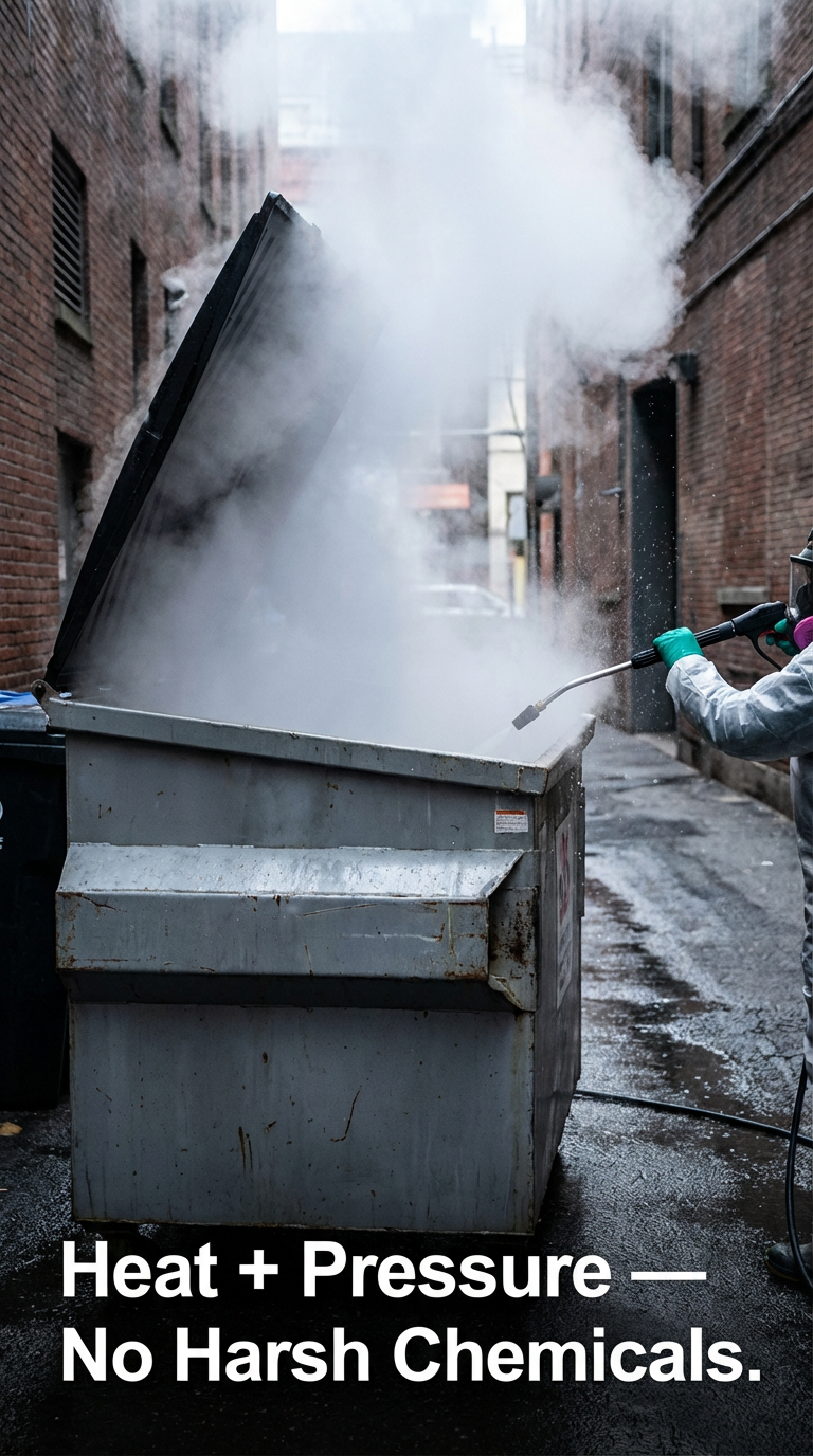 A worker wearing protective gear is steam-cleaning an outdoor trash bin in an alleyway between brick buildings. Thick steam rises from the open lid of the bin as the worker uses a pressure washer to clean it. The pavement beneath is wet, and the scene highlights a chemical-free cleaning process using heat and pressure. A worker wearing protective gear is steam-cleaning an outdoor trash bin in an alleyway between brick buildings. Thick steam rises from the open lid of the bin as the worker uses a pressure washer to clean it. The pavement beneath is wet, and the scene highlights a chemical-free cleaning process using heat and pressure.