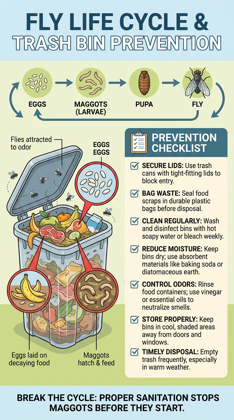 An informative infographic titled "Fly Life Cycle & Trash Bin Prevention" illustrating the stages of fly development from eggs to adult fly, and providing a prevention checklist. The diagram shows eggs laid on decaying food, maggots hatching and feeding, pupa forming, and finally the adult fly. The prevention checklist includes tips such as securing lids, sealing waste, cleaning bins regularly, reducing moisture, controlling odors, storing bins properly, and disposing of trash promptly. The image features a trash bin with labeled eggs and maggots, surrounded by flies attracted to the bin.