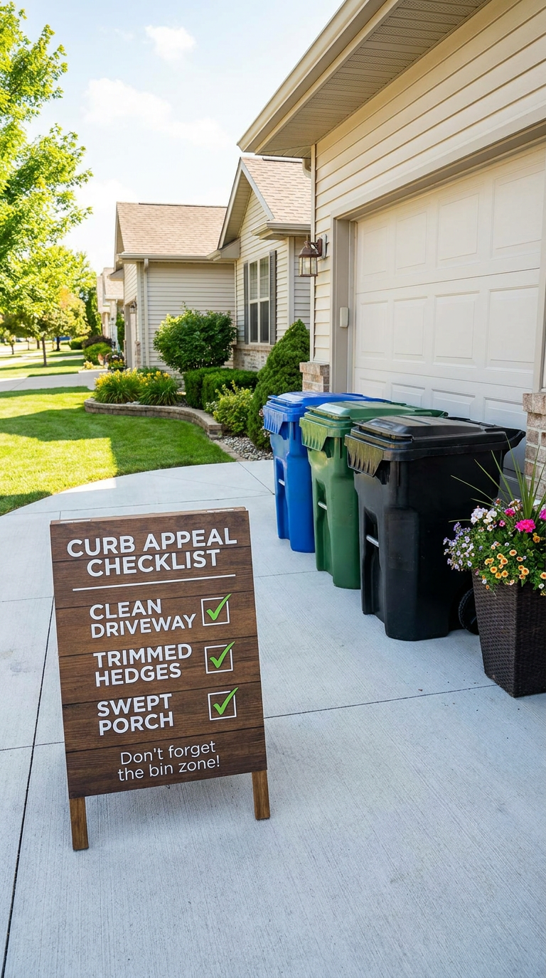 A wooden curb appeal checklist sign placed on a concrete driveway in front of a house. The sign lists tasks such as "Clean Driveway," "Trimmed Hedges," and "Swept Porch," each with a green checkmark next to it. In the background, there are colorful trash bins, a flower pot with blooming flowers, and well-maintained landscaping with bushes and trees. The house has beige siding and a white garage door, with a clear blue sky overhead. A wooden curb appeal checklist sign placed on a concrete driveway in front of a house. The sign lists tasks such as "Clean Driveway," "Trimmed Hedges," and "Swept Porch," each with a green checkmark next to it. In the background, there are colorful trash bins, a flower pot with blooming flowers, and well-maintained landscaping with bushes and trees. The house has beige siding and a white garage door, with a clear blue sky overhead.