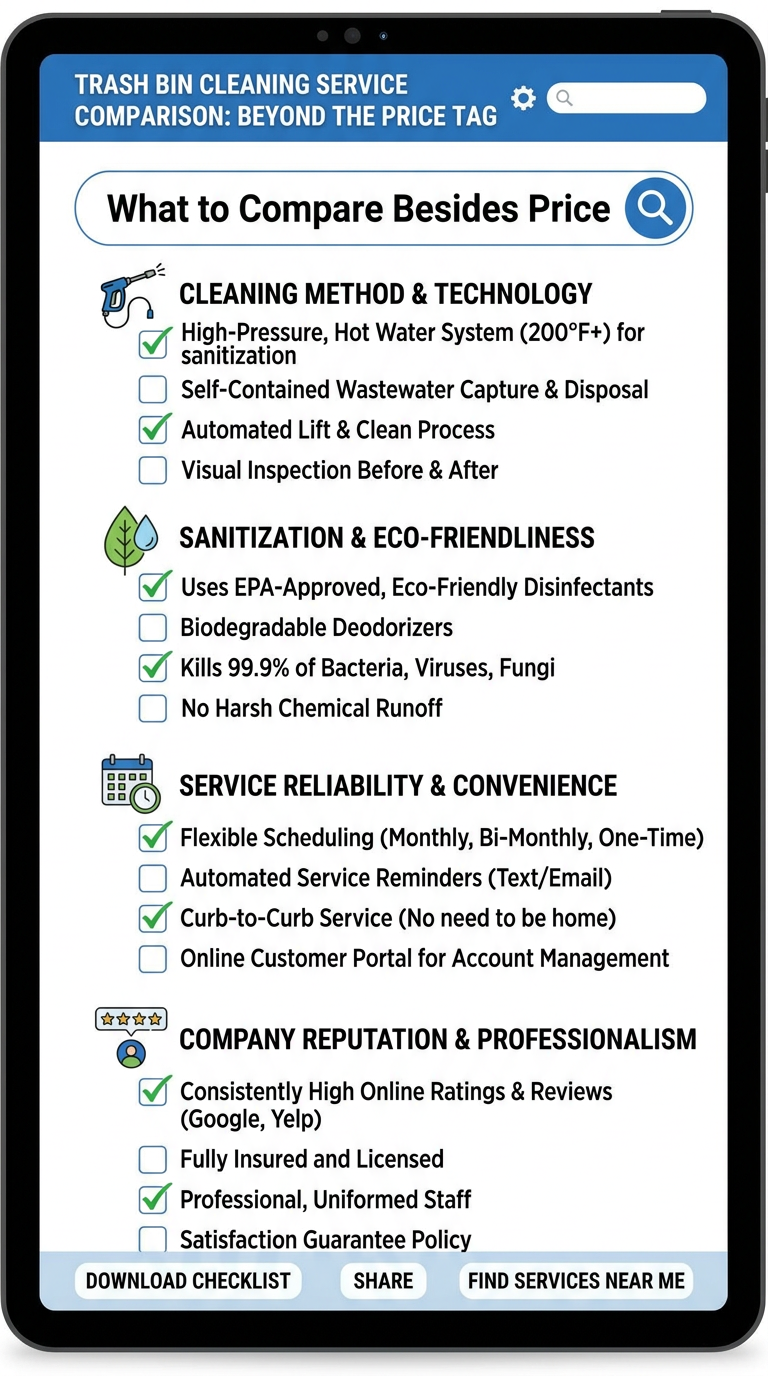 A smartphone screen displaying a digital brochure for a trash bin cleaning service. The content is organized into sections with checkmarks indicating features such as high-pressure hot water sanitation, eco-friendly disinfectants, flexible scheduling, curb-to-curb service, and professional staff. There are buttons at the bottom labeled "Download Checklist," "Share," and "Find Services Near Me." The header reads "Trash Bin Cleaning Service Comparison: Beyond the Price Tag." A smartphone screen displaying a digital brochure for a trash bin cleaning service. The content is organized into sections with checkmarks indicating features such as high-pressure hot water sanitation, eco-friendly disinfectants, flexible scheduling, curb-to-curb service, and professional staff. There are buttons at the bottom labeled "Download Checklist," "Share," and "Find Services Near Me." The header reads "Trash Bin Cleaning Service Comparison: Beyond the Price Tag."