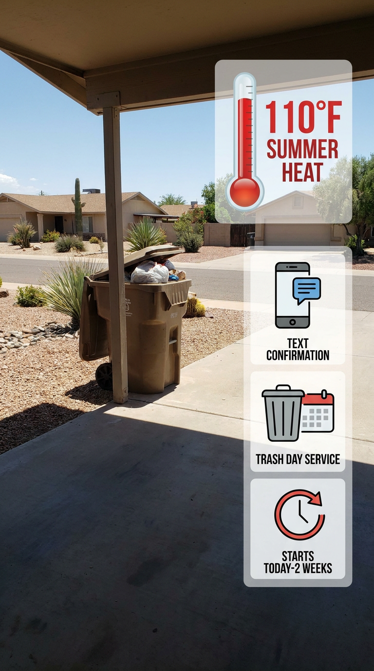 A front porch scene with a trash bin on the sidewalk, partially shaded by the porch roof. Overlaid on the image is a graphic with icons and text: a thermometer showing "110°F SUMMER HEAT," a smartphone with a speech bubble labeled "TEXT CONFIRMATION," a trash can with a calendar icon labeled "TRASH DAY SERVICE," and a clock with an arrow labeled "STARTS TODAY-2 WEEKS."