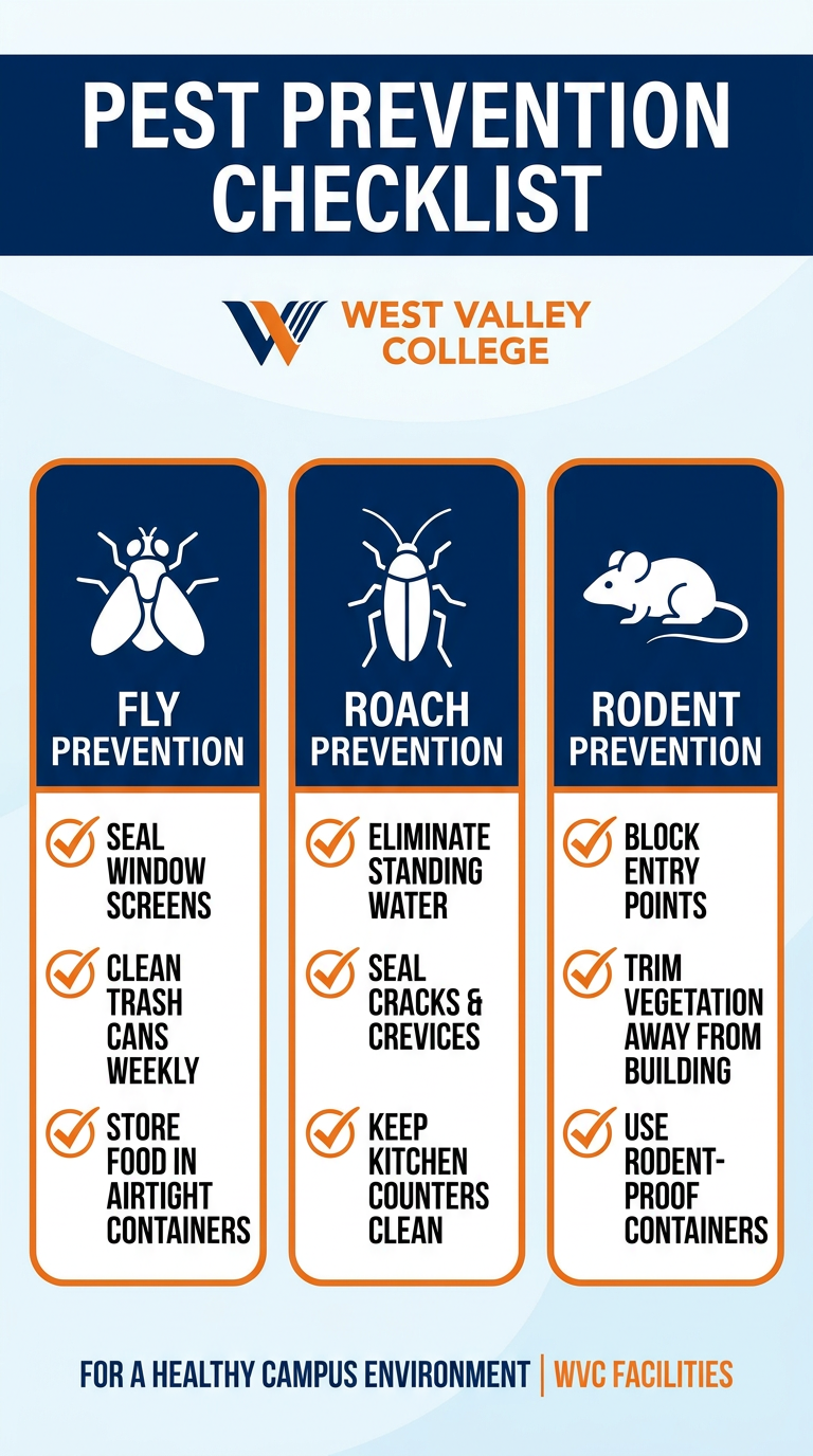 A poster titled "Pest Prevention Checklist" from West Valley College. It features three columns with icons and tips for preventing pests: Fly Prevention, Roach Prevention, and Rodent Prevention. Each column lists specific actions such as sealing windows, cleaning trash cans, eliminating standing water, sealing cracks, blocking entry points, trimming vegetation, and using rodent-proof containers. The background is light blue with dark blue headers and orange borders around each section. At the bottom, it says "For a healthy campus environment" and "WVC Facilities." A poster titled "Pest Prevention Checklist" from West Valley College. It features three columns with icons and tips for preventing pests: Fly Prevention, Roach Prevention, and Rodent Prevention. Each column lists specific actions such as sealing windows, cleaning trash cans, eliminating standing water, sealing cracks, blocking entry points, trimming vegetation, and using rodent-proof containers. The background is light blue with dark blue headers and orange borders around each section. At the bottom, it says "For a healthy campus environment" and "WVC Facilities."