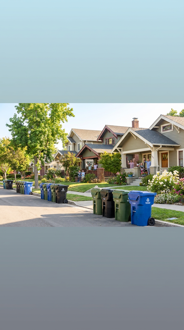 A peaceful suburban neighborhood street lined with large, well-maintained houses with front porches and beautifully landscaped gardens. Several residents are standing on their porches, waving and chatting. The street has a row of colorful trash and recycling bins placed along the curb. Tall, leafy trees provide shade and add to the scenic, inviting atmosphere of the neighborhood.