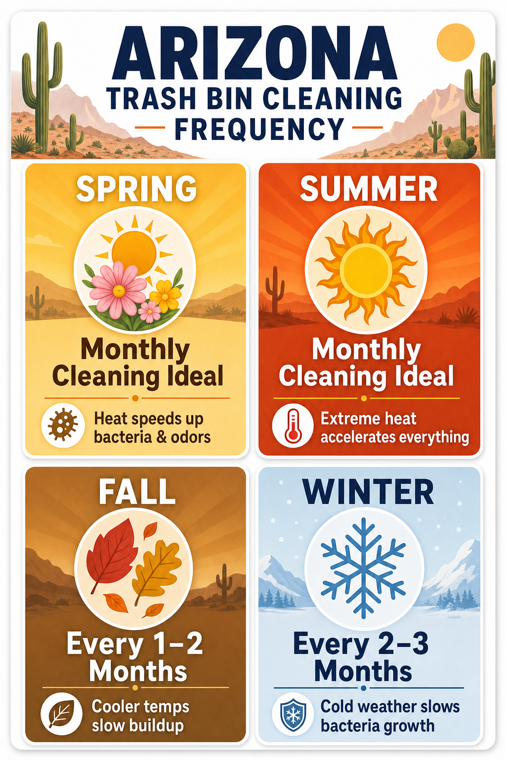 n infographic titled "Arizona Trash Bin Cleaning Frequency" showing recommended cleaning schedules for different seasons. It features four sections: Spring: Illustrated with a bright sun, flowers, and desert mountains, recommends monthly cleaning for bacteria and odor control. Summer: Depicted with a fiery sun, advises monthly cleaning due to extreme heat accelerating odors. Fall: Shown with falling leaves, suggests cleaning every 1-2 months to reduce bacteria buildup during cooler temps. Winter: Represented with a snowflake, recommends cleaning every 2-3 months as cold weather slows bacteria growth.The background includes desert mountains, cacti, and a sunny or snowy landscape corresponding to each season. n infographic titled "Arizona Trash Bin Cleaning Frequency" showing recommended cleaning schedules for different seasons. It features four sections: Spring: Illustrated with a bright sun, flowers, and desert mountains, recommends monthly cleaning for bacteria and odor control. Summer: Depicted with a fiery sun, advises monthly cleaning due to extreme heat accelerating odors. Fall: Shown with falling leaves, suggests cleaning every 1-2 months to reduce bacteria buildup during cooler temps. Winter: Represented with a snowflake, recommends cleaning every 2-3 months as cold weather slows bacteria growth.The background includes desert mountains, cacti, and a sunny or snowy landscape corresponding to each season.