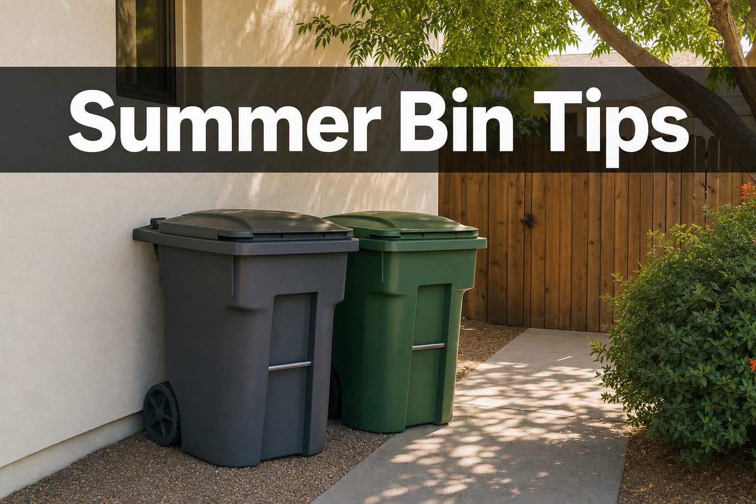 Two trash and recycling bins, one black and one green, are placed outside on a concrete pathway next to a house wall. There is a wooden fence and some greenery, including a tree with shade, in the background. The image has a black banner across the top with white text that reads "Summer Bin Tips."