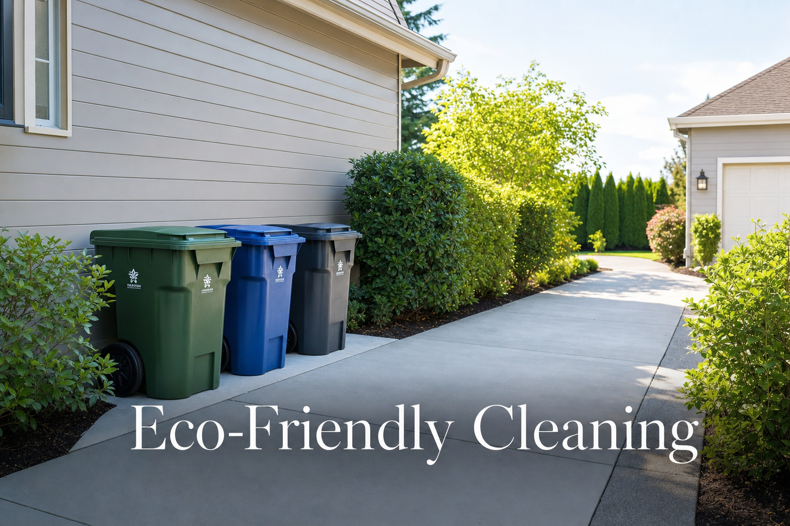 A clean, well-maintained concrete sidewalk outside a house, with three trash and recycling bins (green, blue, and black) lined up along the side of the house. The area is landscaped with lush green bushes and trees, and the scene is brightly lit by sunlight. The words "Eco-Friendly Cleaning" are overlaid at the bottom of the image.