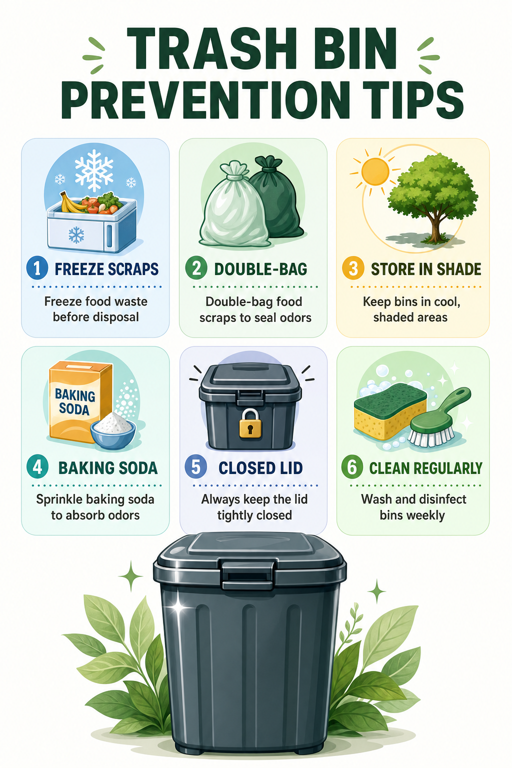 An infographic titled "Trash Bin Prevention Tips" with six illustrated tips:  Freeze Scraps: An open freezer with food scraps inside, snowflakes above. Double-Bag: Two tied garbage bags, one green and one white. Store in Shade: A tree with sunlight shining and a shaded area. Baking Soda: A box of baking soda with a spoonful of powder. Closed Lid: A trash bin with a tightly closed lid and a lock icon. Clean Regularly: A scrub brush and sponge with bubbles.The infographic has a green theme with leafy accents and a large, clean trash bin at the bottom.