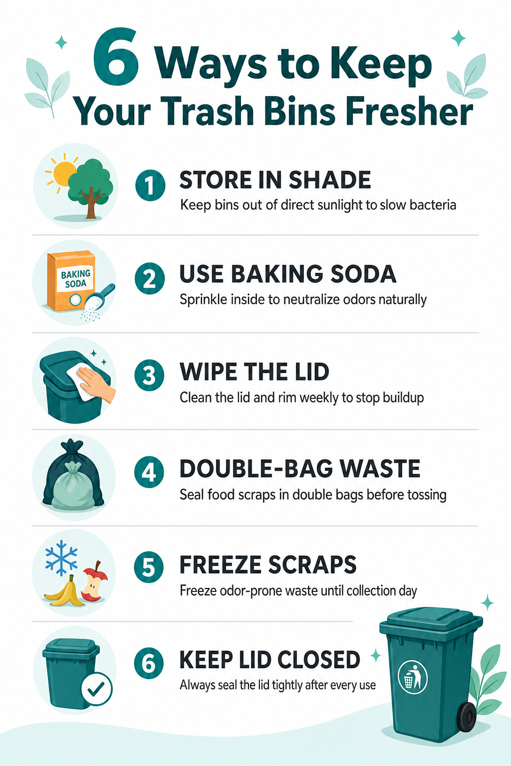 An infographic titled "6 Ways to Keep Your Trash Bins Fresher" featuring six tips with icons: Store in Shade: A sun and tree icon. Use Baking Soda: A box of baking soda with a spoon. Wipe the Lid: A hand wiping a trash bin lid. Double-Bag Waste: A tied trash bag. Freeze Scraps: A snowflake, banana peel, and apple core. Keep Lid Closed: A trash bin with a closed lid and a checkmark.The background is light with decorative leaves and sparkles. An infographic titled "6 Ways to Keep Your Trash Bins Fresher" featuring six tips with icons: Store in Shade: A sun and tree icon. Use Baking Soda: A box of baking soda with a spoon. Wipe the Lid: A hand wiping a trash bin lid. Double-Bag Waste: A tied trash bag. Freeze Scraps: A snowflake, banana peel, and apple core. Keep Lid Closed: A trash bin with a closed lid and a checkmark.The background is light with decorative leaves and sparkles.