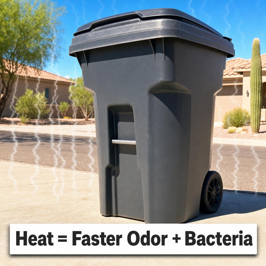 The image shows a large black outdoor trash bin on a driveway with houses and desert plants in the background. There are visual effects of lightning around the bin, suggesting heat. The caption reads: "Heat = Faster Odor + Bacteria."