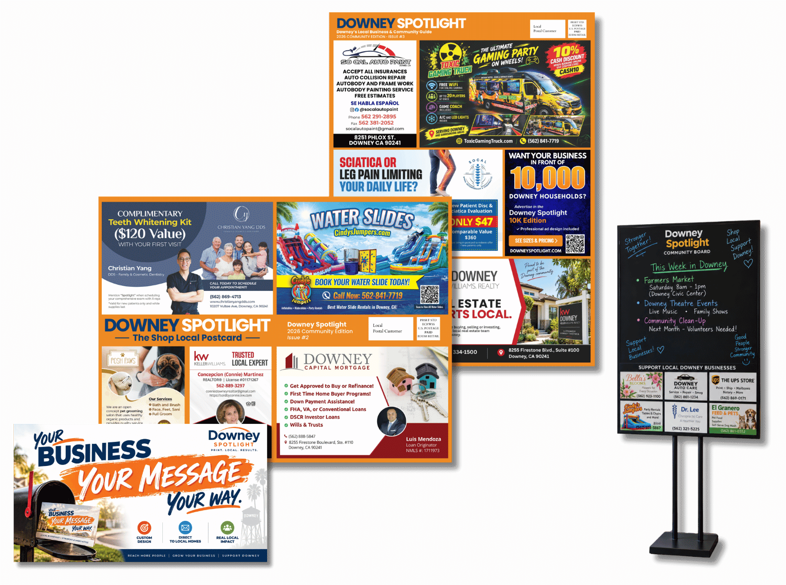 Downey Spotlight advertising options overview featuring Community Postcard, 10K Edition, Solo Direct Mail, and Community Boards