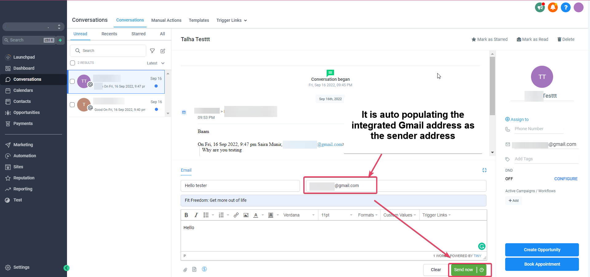 Visualizzazione di una conversazione email in Futuria CRM.