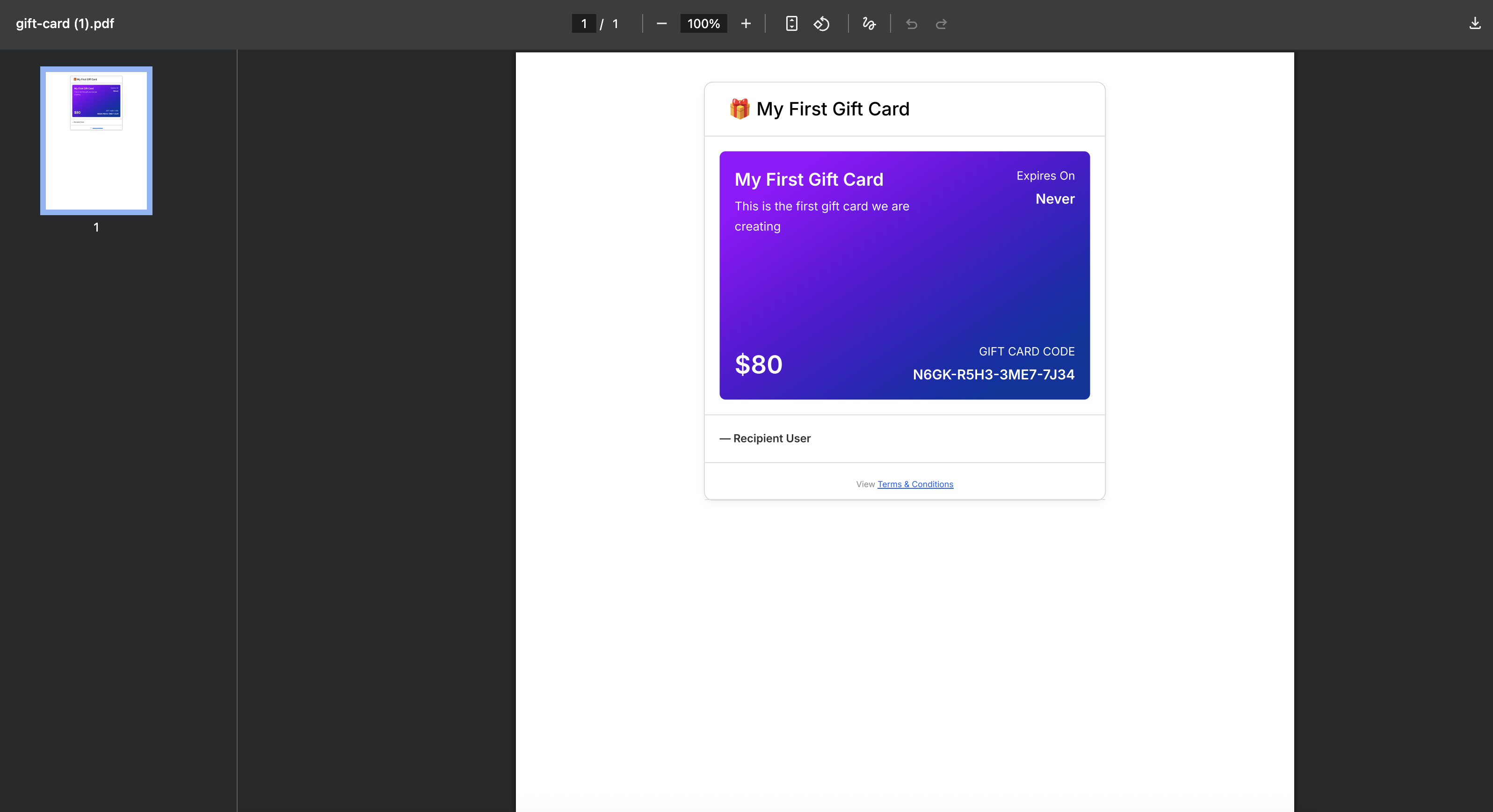 Opzione per scaricare la gift card dopo l'acquisto.