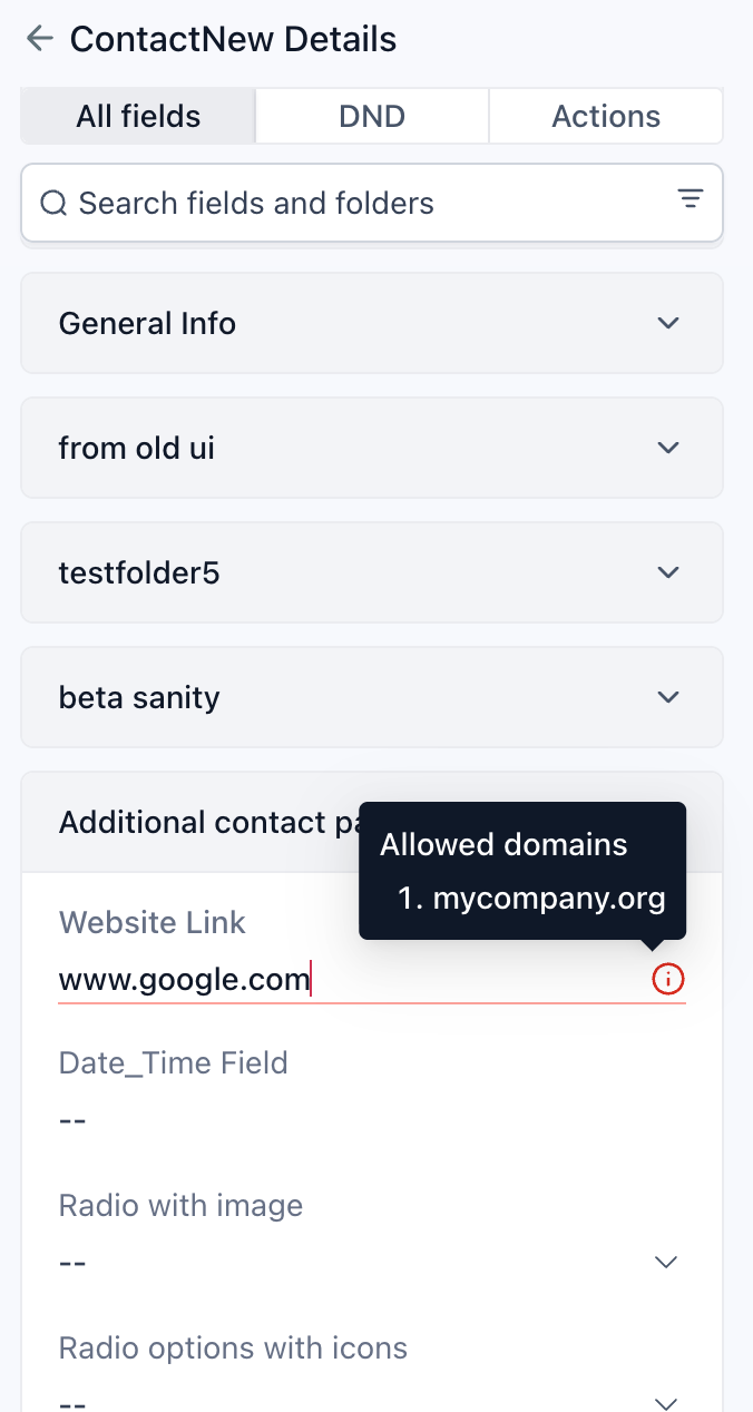 Opzione per consentire solo domini specifici in un campo personalizzato URL.
