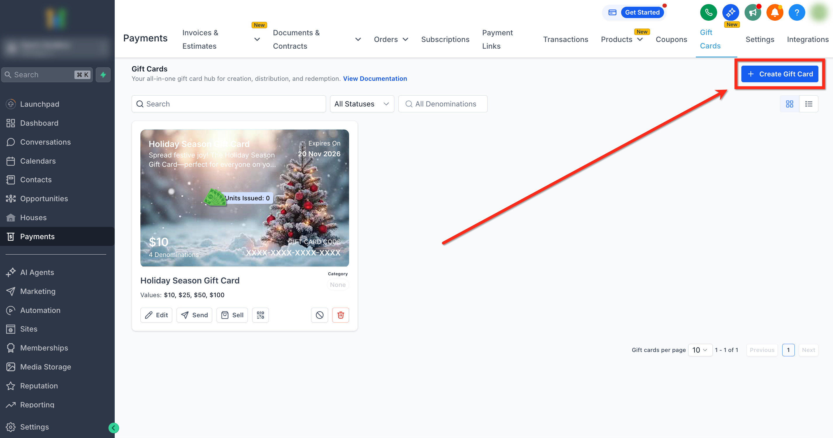 Pulsante 'Crea Gift Card' nella dashboard delle gift card di Futuria CRM.