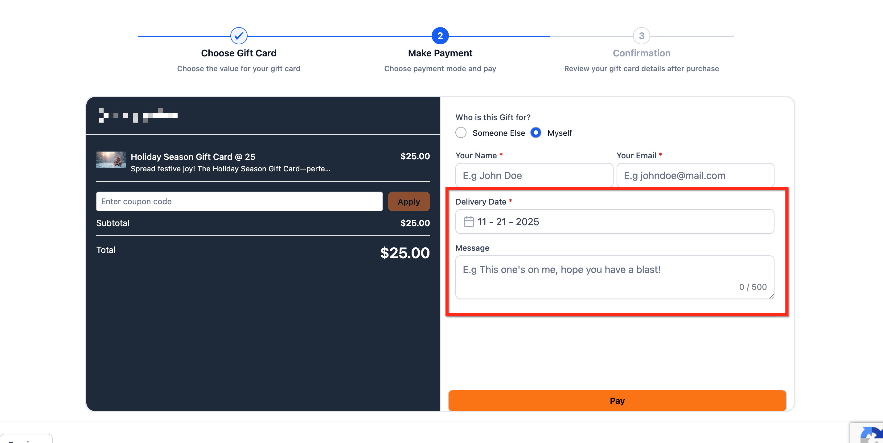 Selezione della data di consegna e aggiunta di un messaggio nel checkout.