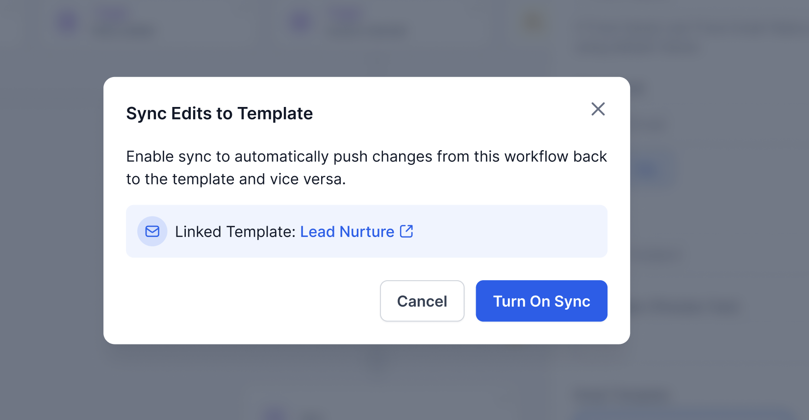 Finestra di conferma per l'attivazione della sincronizzazione continua tra email e template.