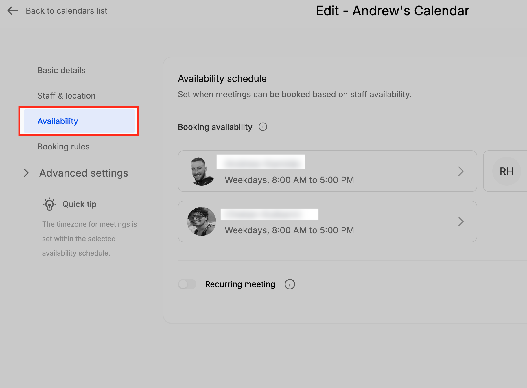 Scheda Disponibilità nelle impostazioni del calendario di Futuria CRM.