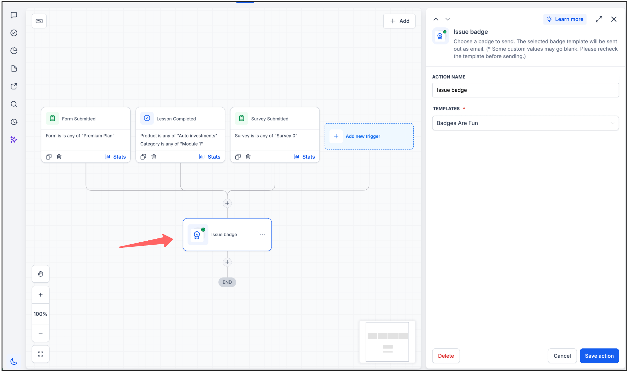Schermata che mostra la nuova azione "Assegna Badge" e il trigger "Badge Assegnato" all'interno dell'editor di workflow di Futuria CRM.