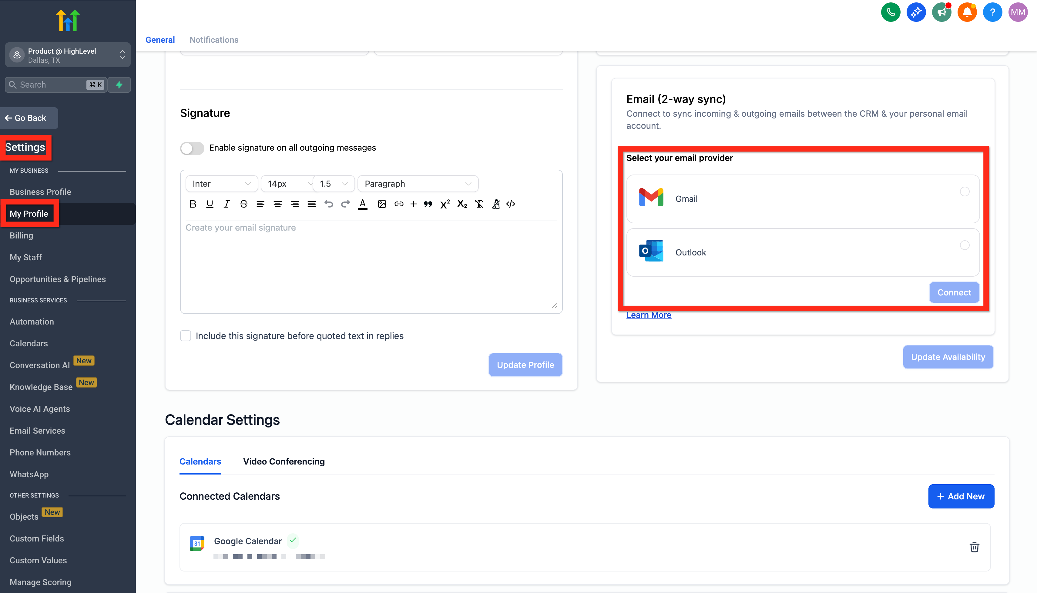 Schermata delle impostazioni del profilo utente in Futuria CRM, con evidenziata la sezione per la sincronizzazione email.