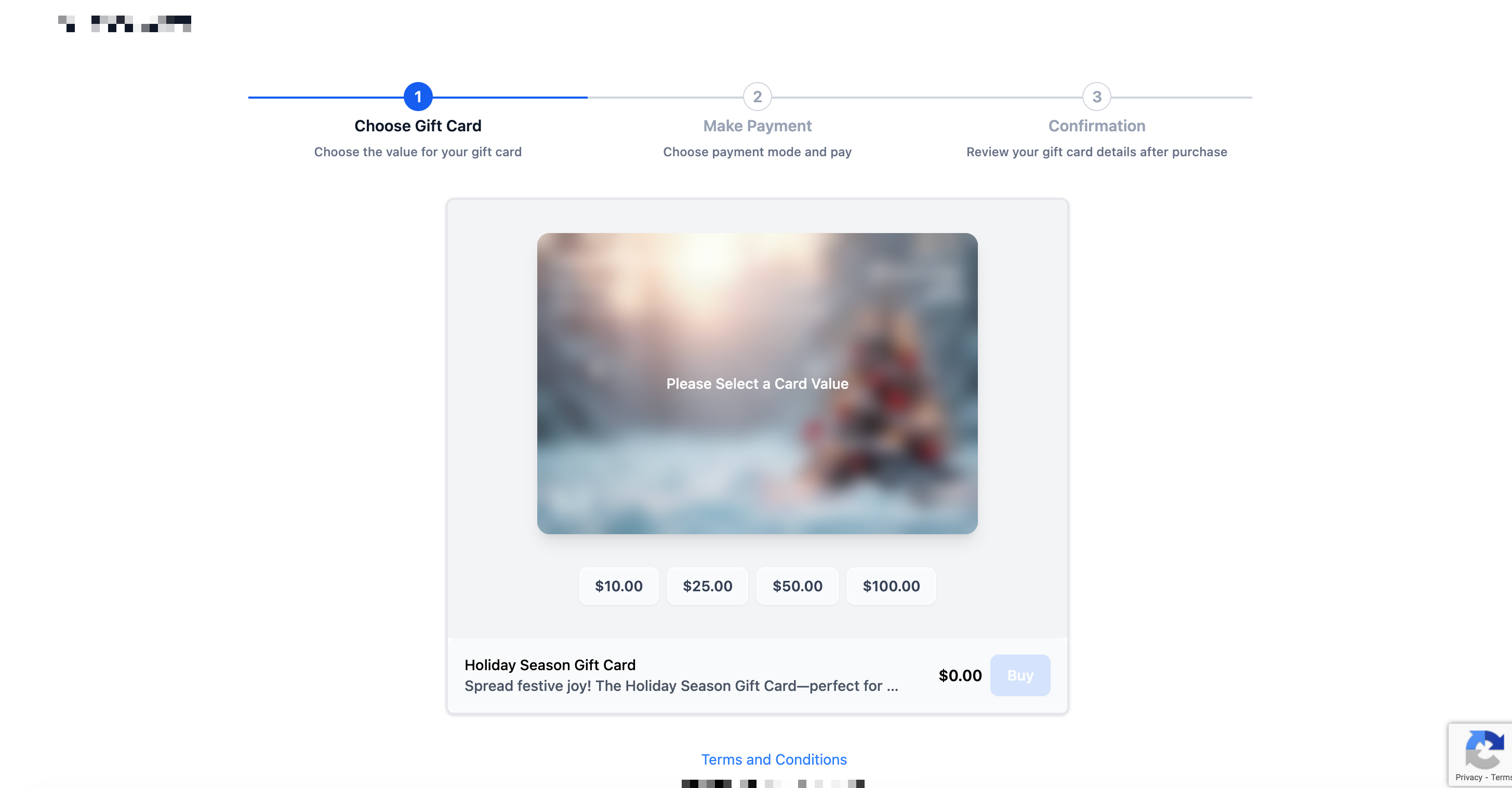 Interfaccia del checkout dove il cliente seleziona il valore della gift card.