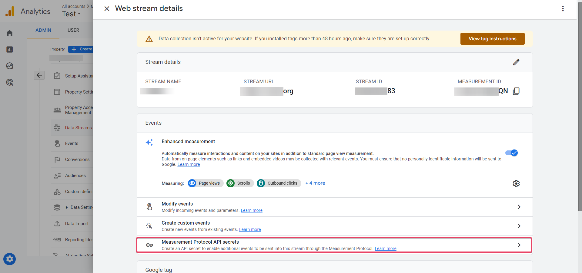 Creazione di un nuovo secret API in Google Analytics.