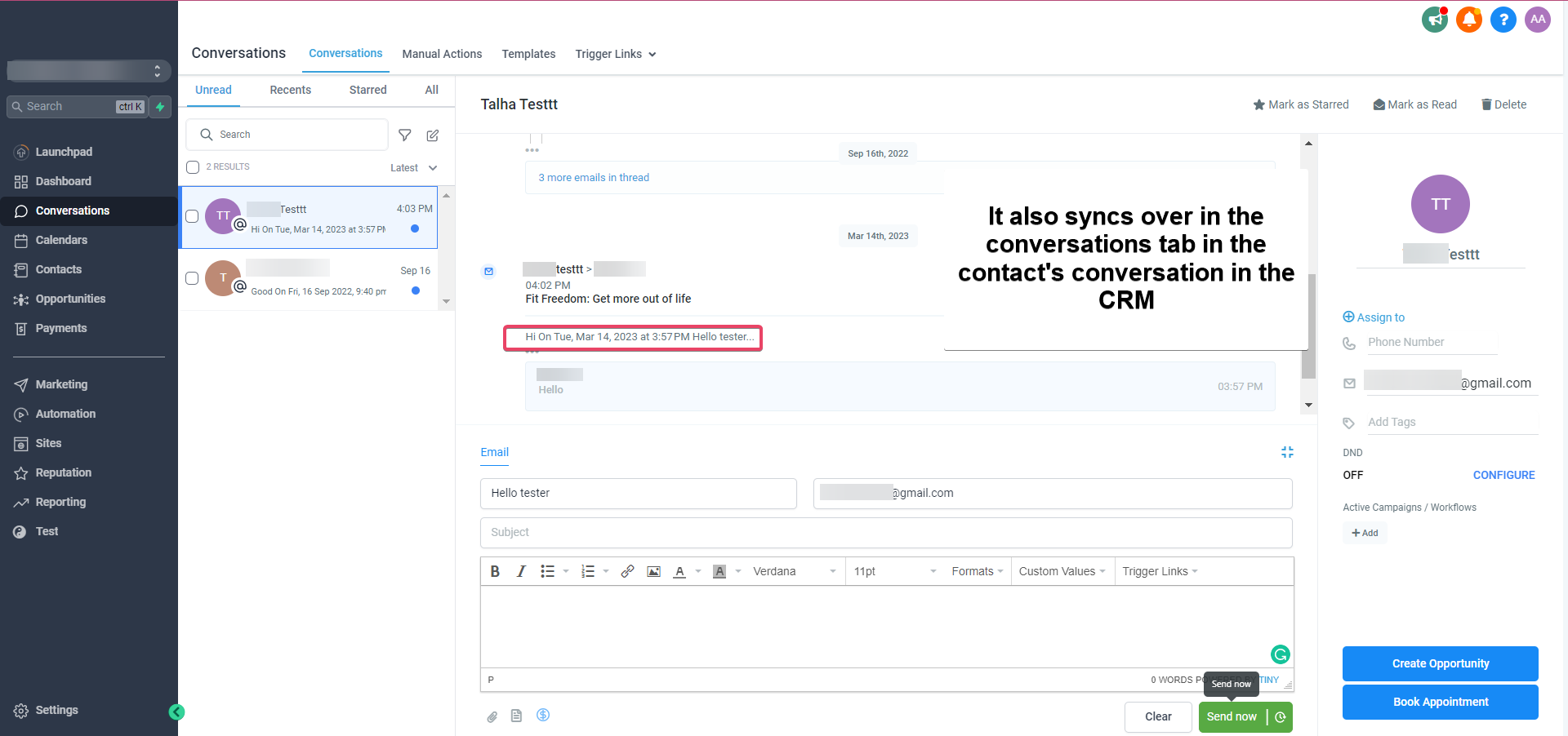Thread di conversazione email corrispondente in Gmail.
