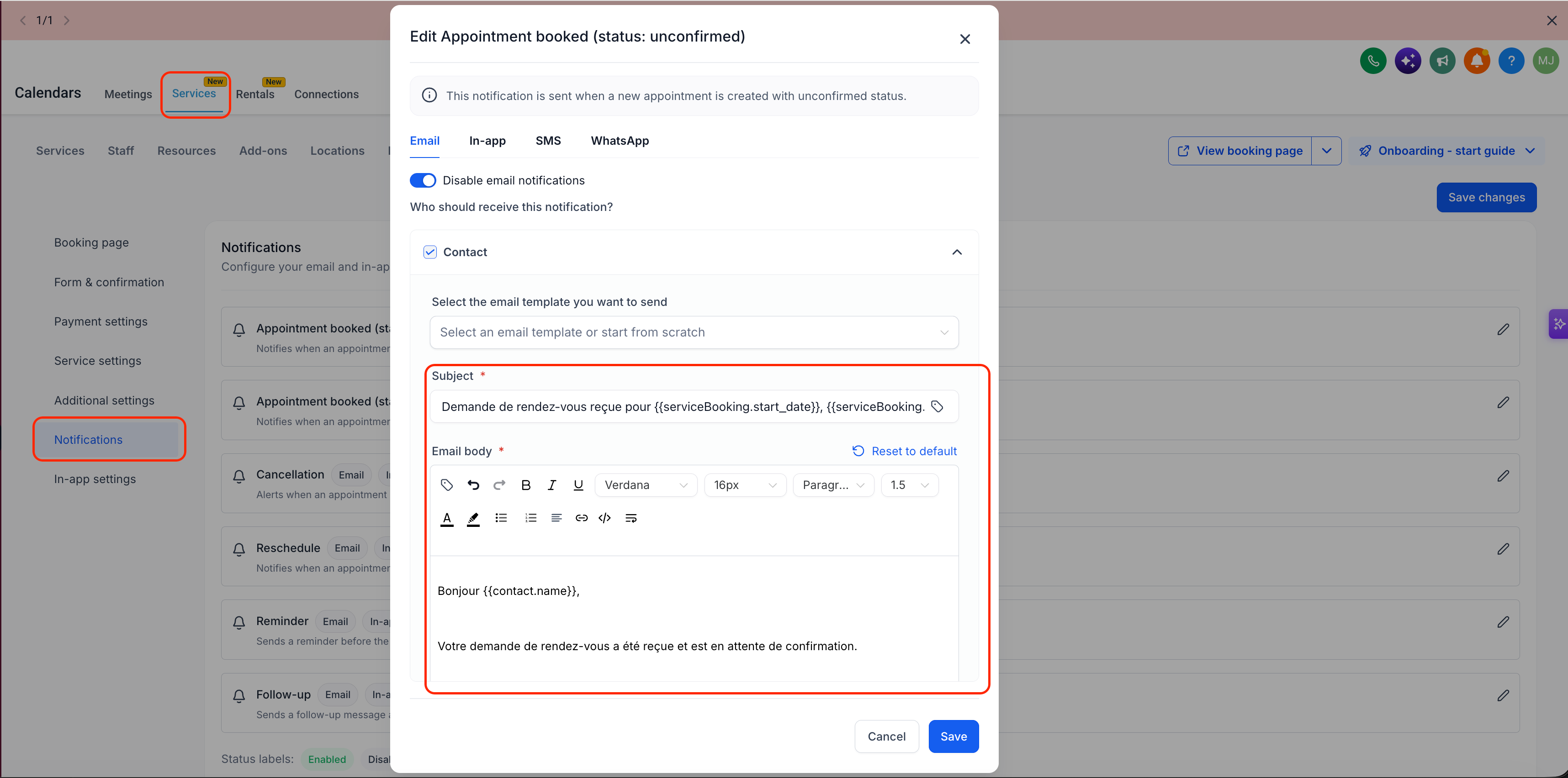 Esempio di modello di notifica per Noleggi tradotto automaticamente in spagnolo.