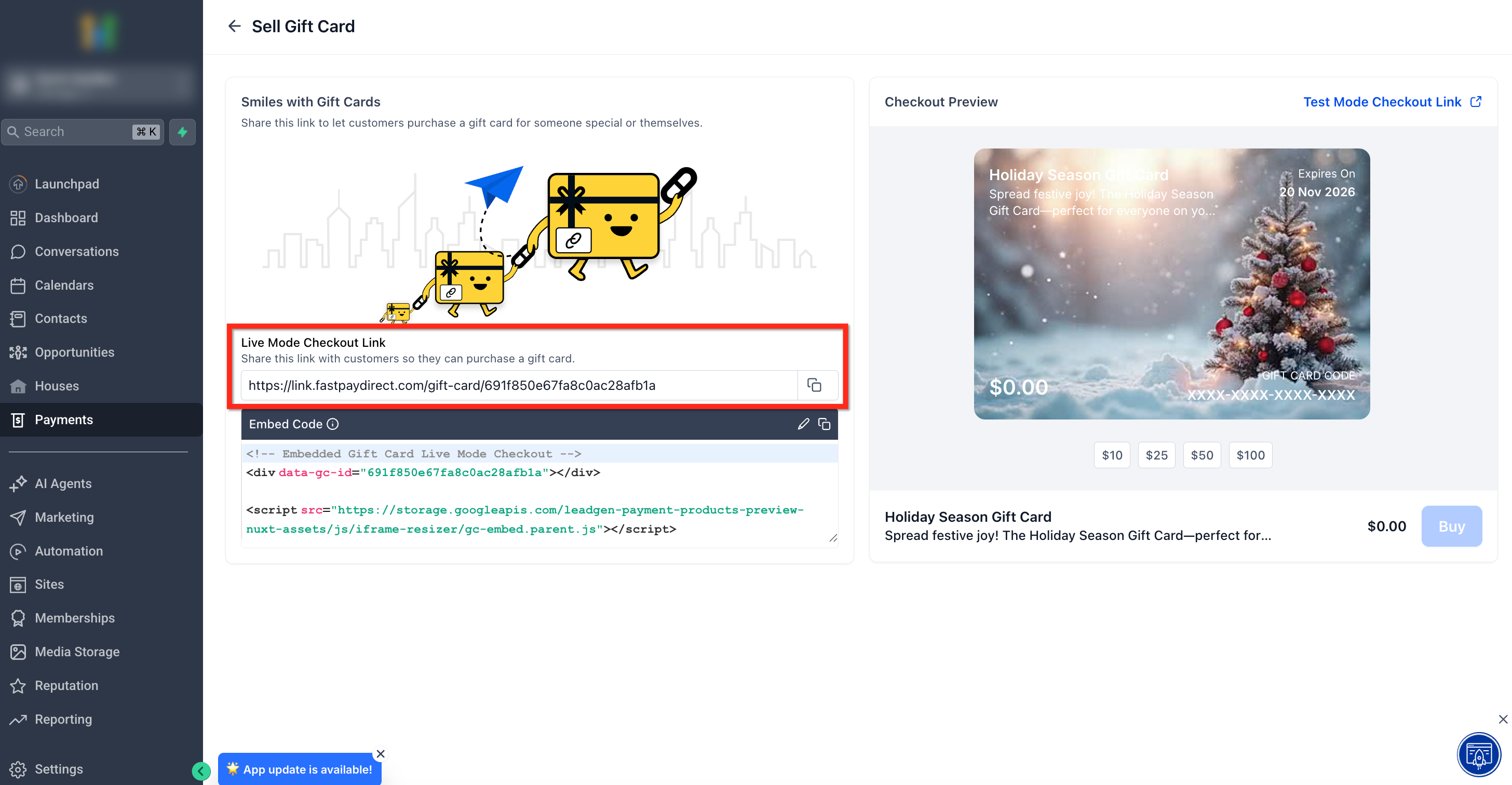 Opzione per copiare il link del checkout dedicato per la vendita di una gift card.